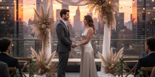 Mini wedding em espaço rooftop durante o pôr do sol