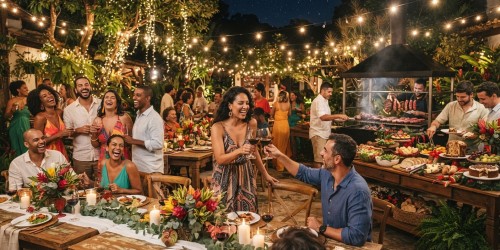 Festa de final de ano com comida, bebida e entretenimento