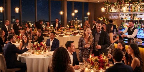 Espaço para evento de final de ano com buffet e bar