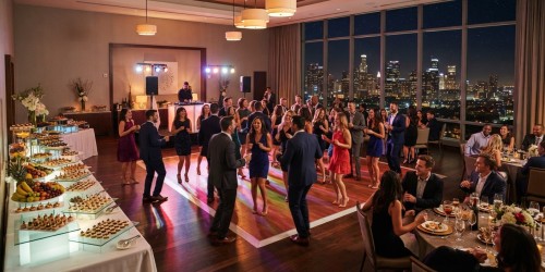 Festa empresarial com buffet, bebidas e pista de dança
