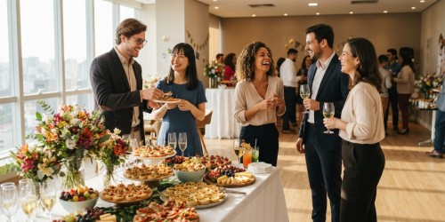 Espaço com buffet para confraternização de empresas