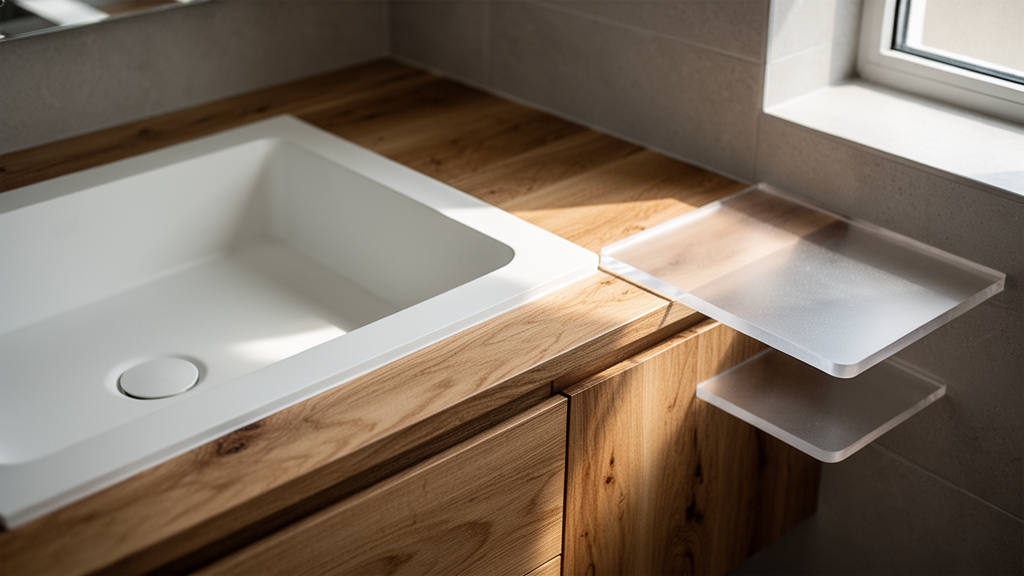 Materiais e tecnologias que elevam o projeto: Corian®, madeira e acrílico em harmonia