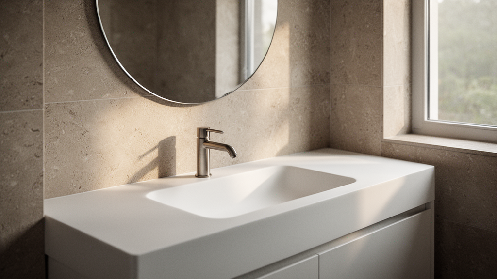 Cuba em Corian no lavabo: o encontro entre estética e desempenho