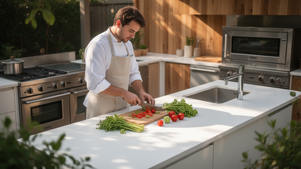 Corian na área gourmet: higiene, continuidade visual e manutenção simplificada