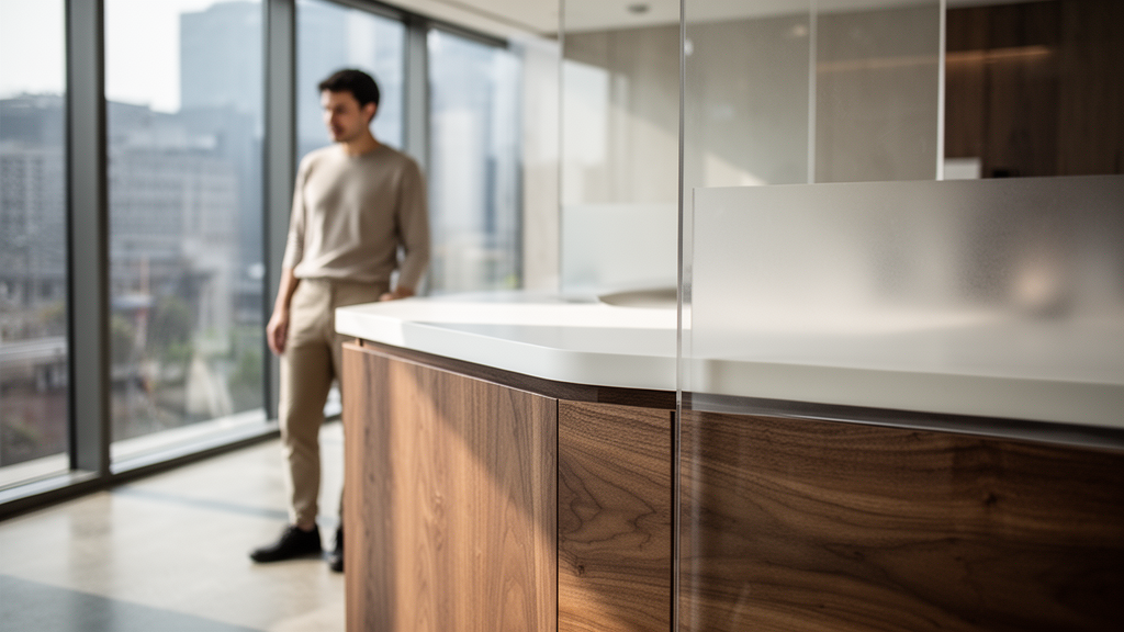 Materiais e tecnologias que elevam a experiência: madeira, acrílico e Corian