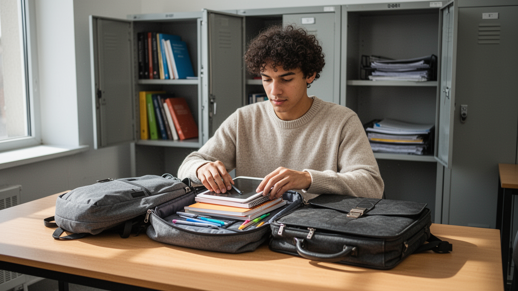 Organização da mochila, maleta e armário na faculdade
