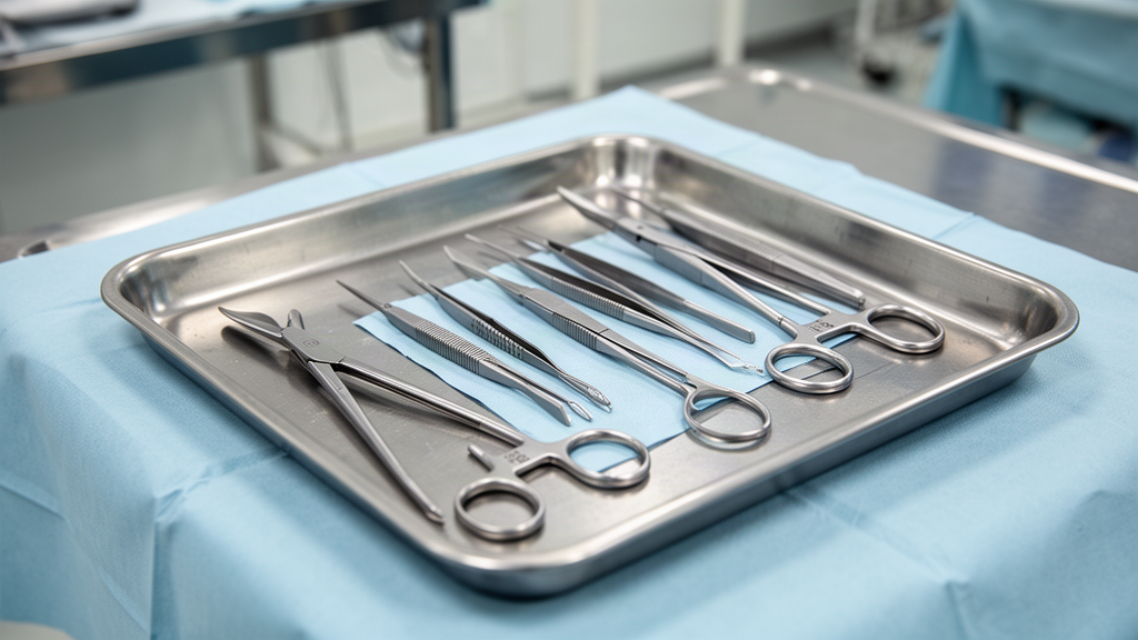 Instrumentais de síntese com porta-agulhas, pinças e tesouras