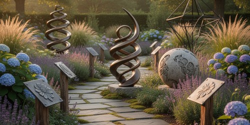 Ideias de arte para jardim com esculturas e placas