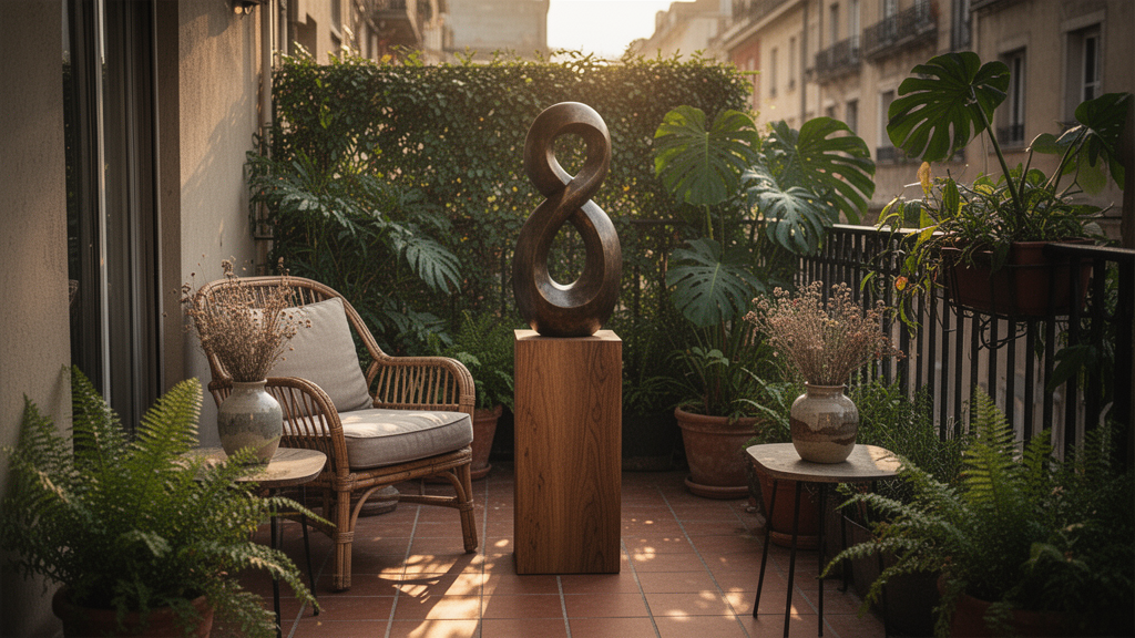 Sim, a decoração para varanda pequena pode ter uma escultura